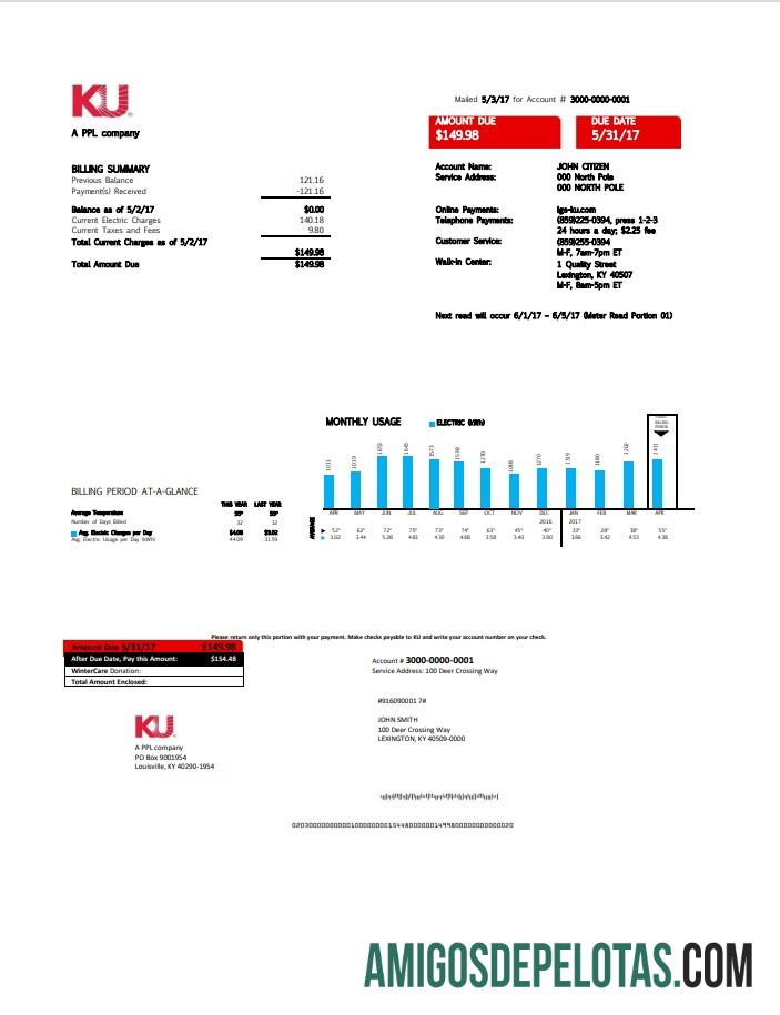 imprimível Modelo de conta de serviços públicos de eletricidade dos EUA Kentucky em formato Word e PDF